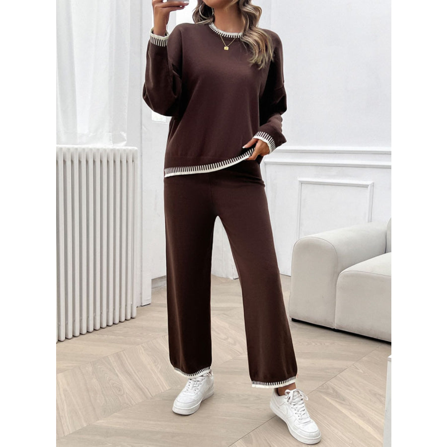 Round Neck Dropped Shoulder Top and Pants Sweater Set Apparel and Accessories