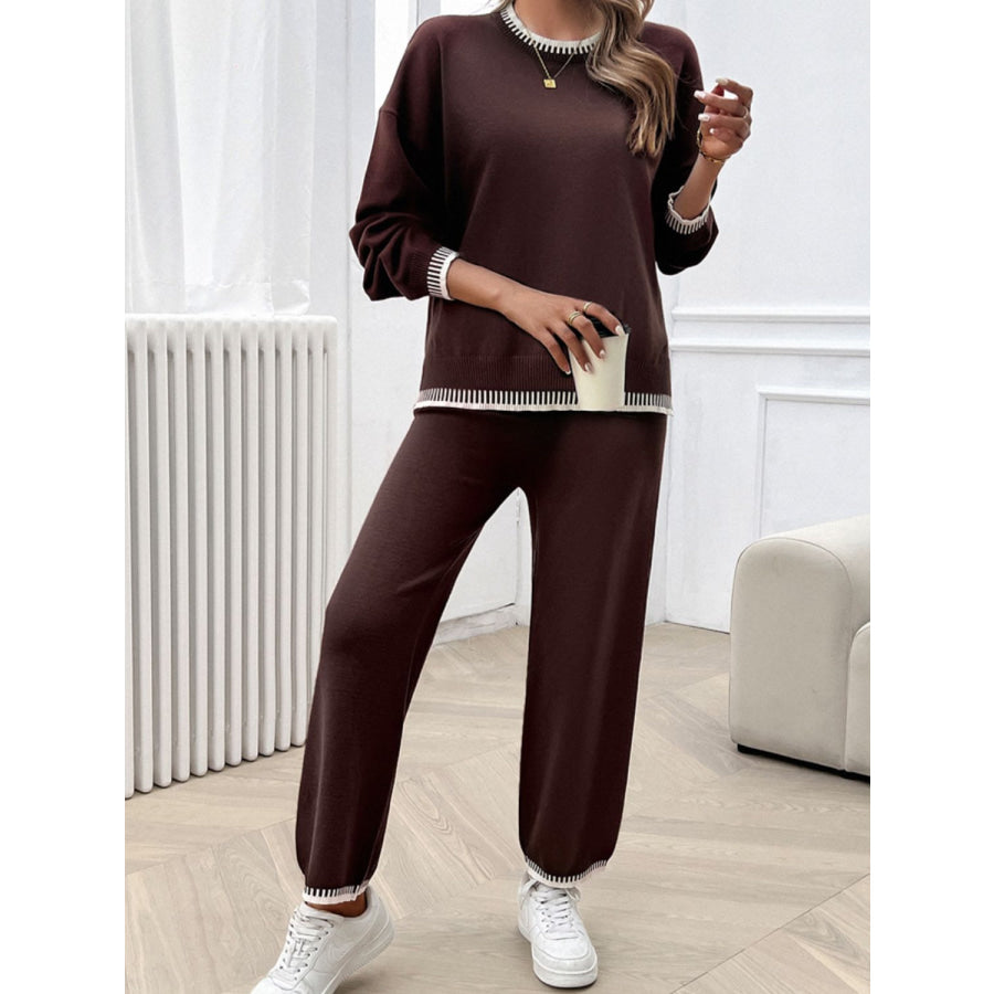 Round Neck Dropped Shoulder Top and Pants Sweater Set Apparel and Accessories