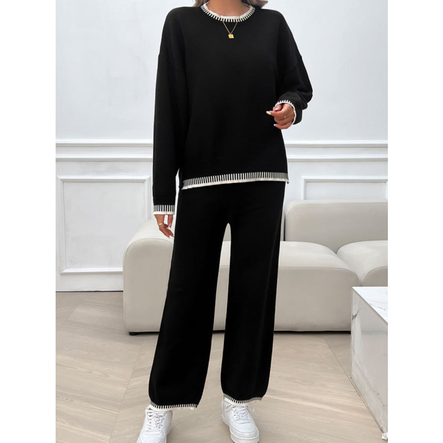 Round Neck Dropped Shoulder Top and Pants Sweater Set Apparel and Accessories