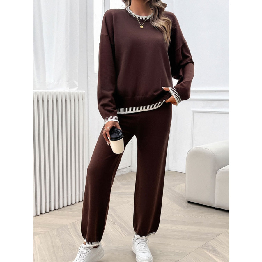 Round Neck Dropped Shoulder Top and Pants Sweater Set Apparel and Accessories