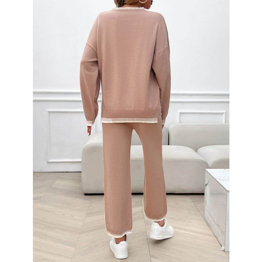 Round Neck Dropped Shoulder Top and Pants Sweater Set Apparel and Accessories