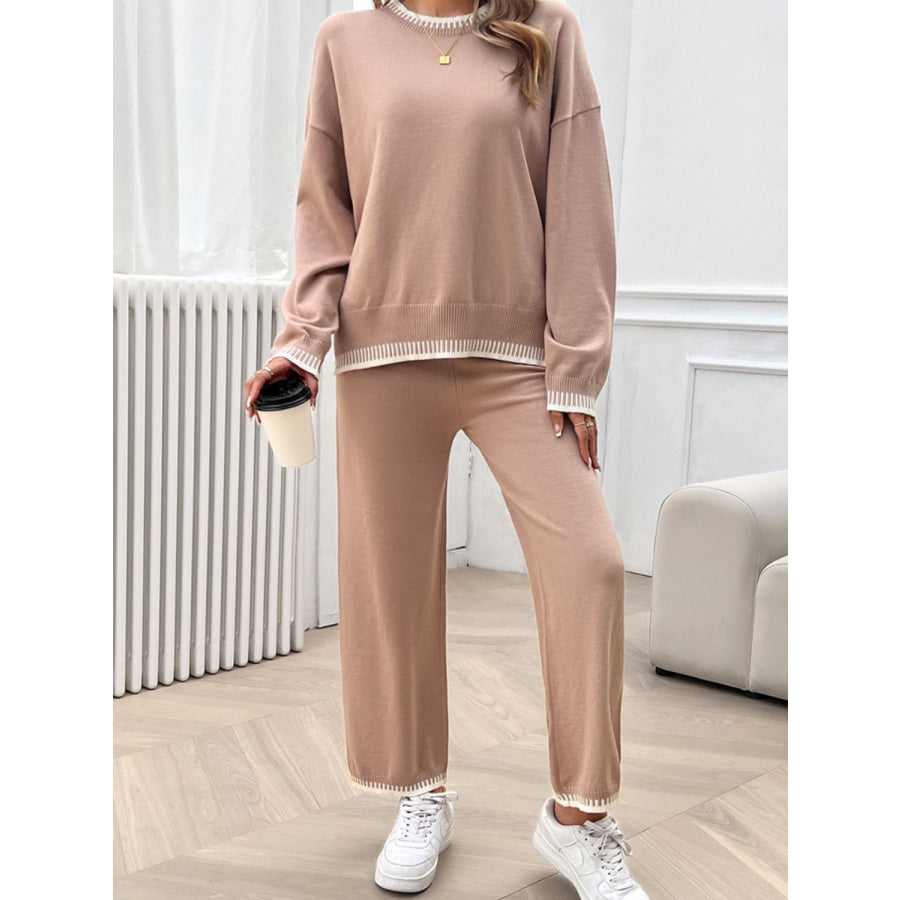 Round Neck Dropped Shoulder Top and Pants Sweater Set Apparel and Accessories