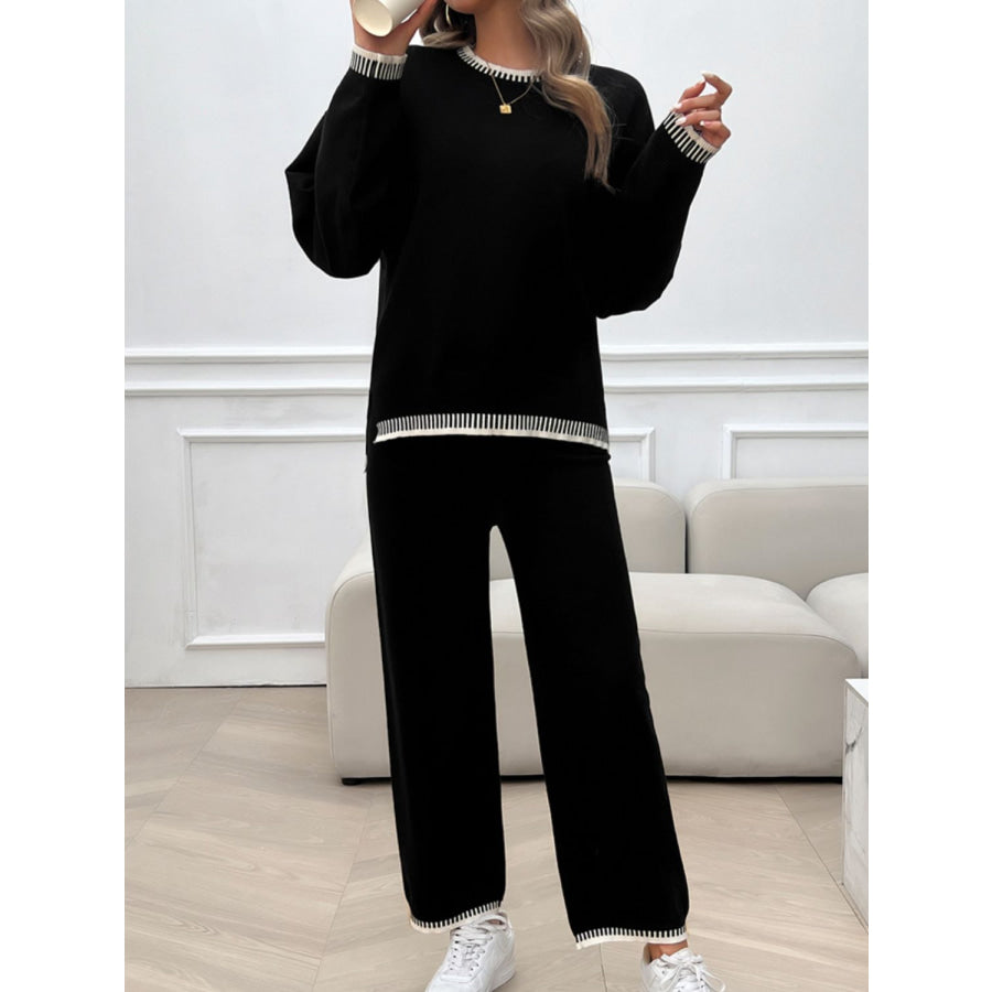 Round Neck Dropped Shoulder Top and Pants Sweater Set Apparel and Accessories