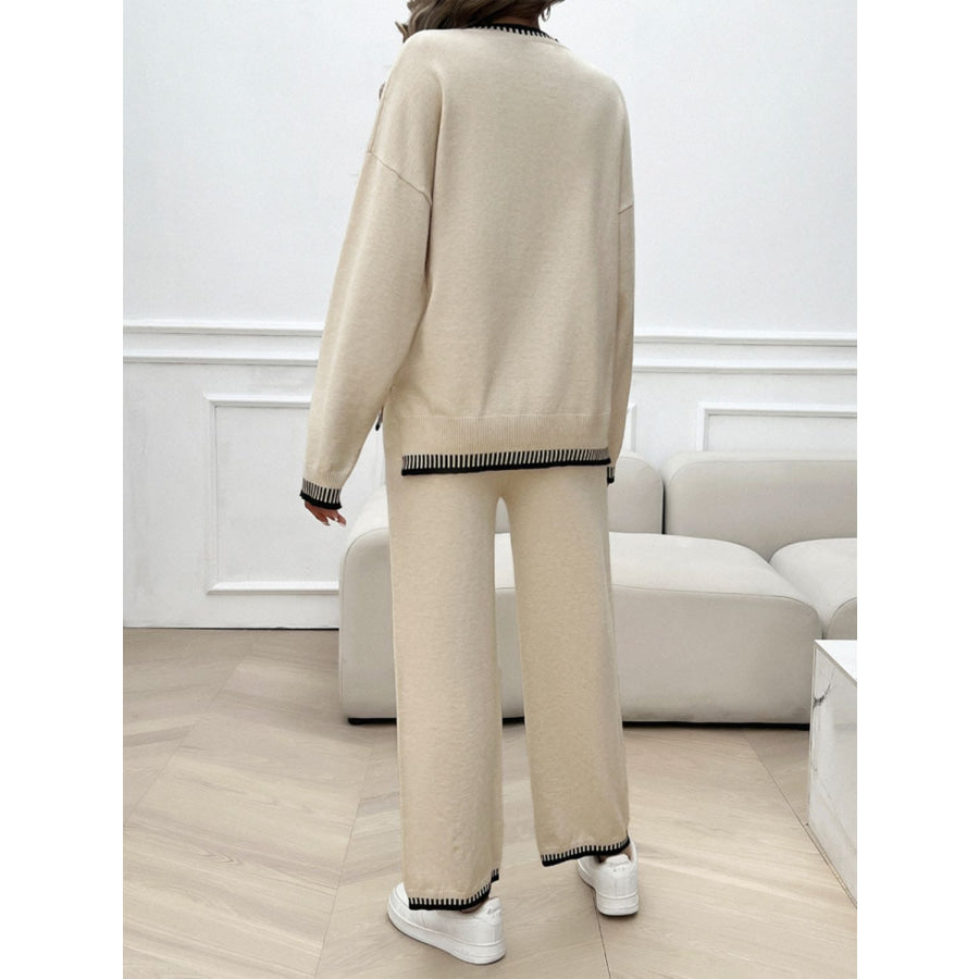 Round Neck Dropped Shoulder Top and Pants Sweater Set Apparel and Accessories