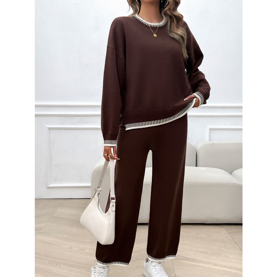 Round Neck Dropped Shoulder Top and Pants Sweater Set Apparel and Accessories