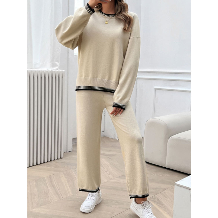 Round Neck Dropped Shoulder Top and Pants Sweater Set Apparel and Accessories