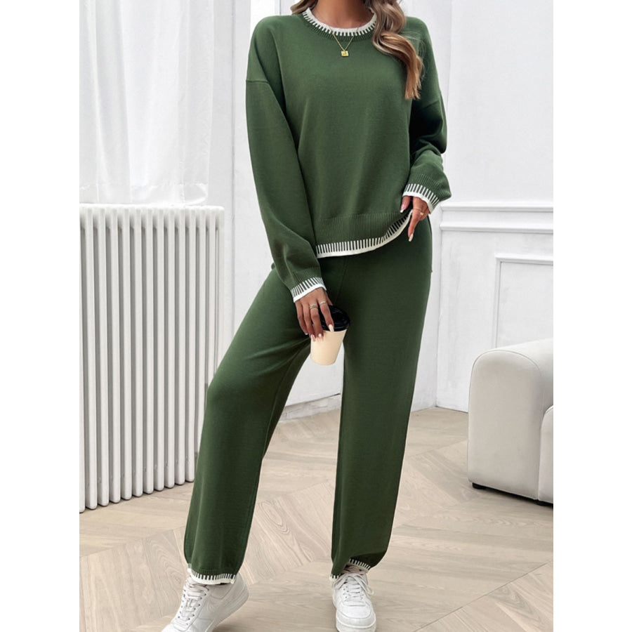 Round Neck Dropped Shoulder Top and Pants Sweater Set Apparel and Accessories