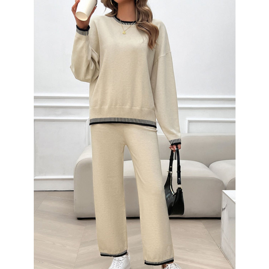 Round Neck Dropped Shoulder Top and Pants Sweater Set Beige / S Apparel and Accessories