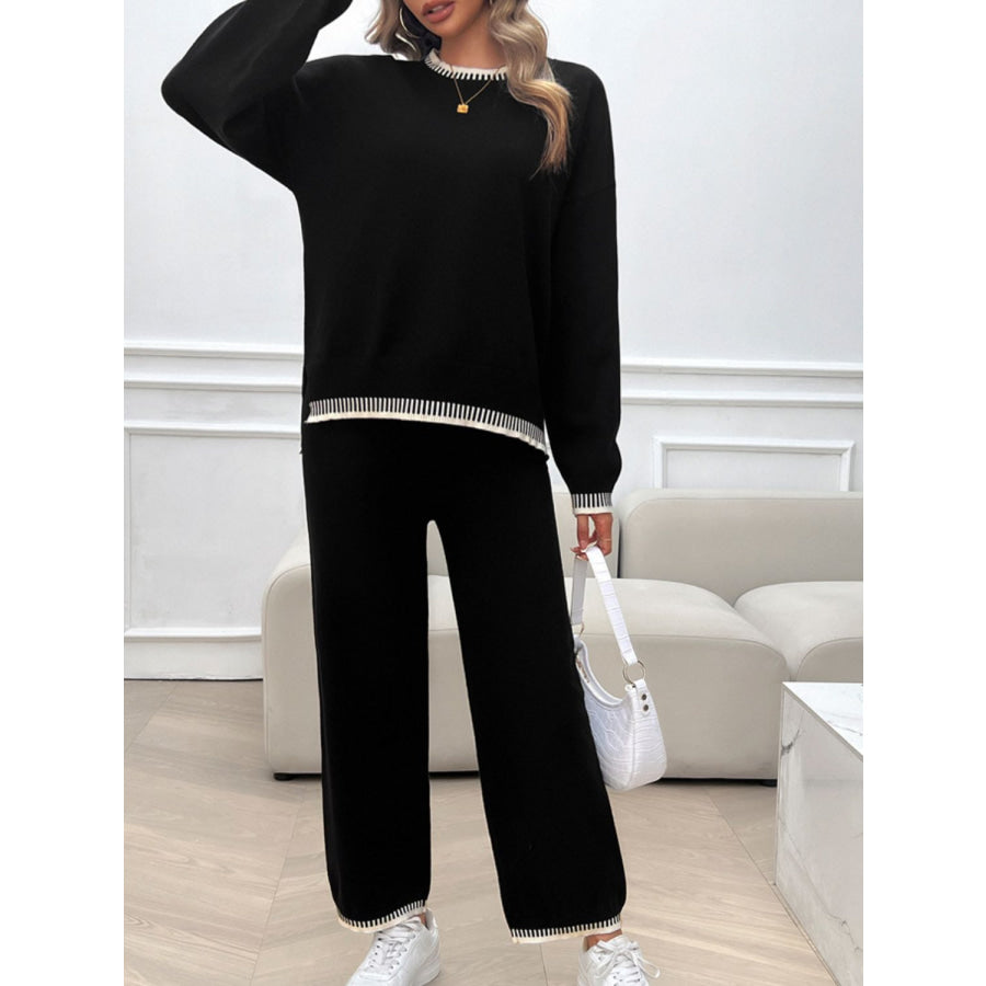 Round Neck Dropped Shoulder Top and Pants Sweater Set Black / S Apparel and Accessories