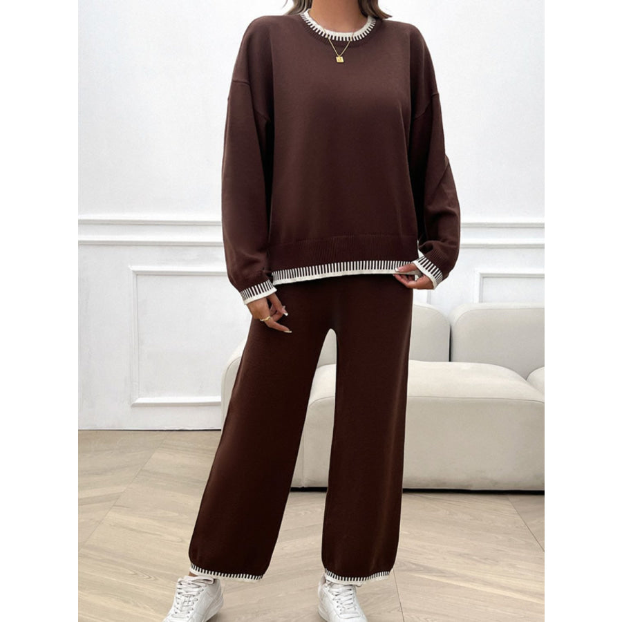 Round Neck Dropped Shoulder Top and Pants Sweater Set Coffee Brown / S Apparel and Accessories