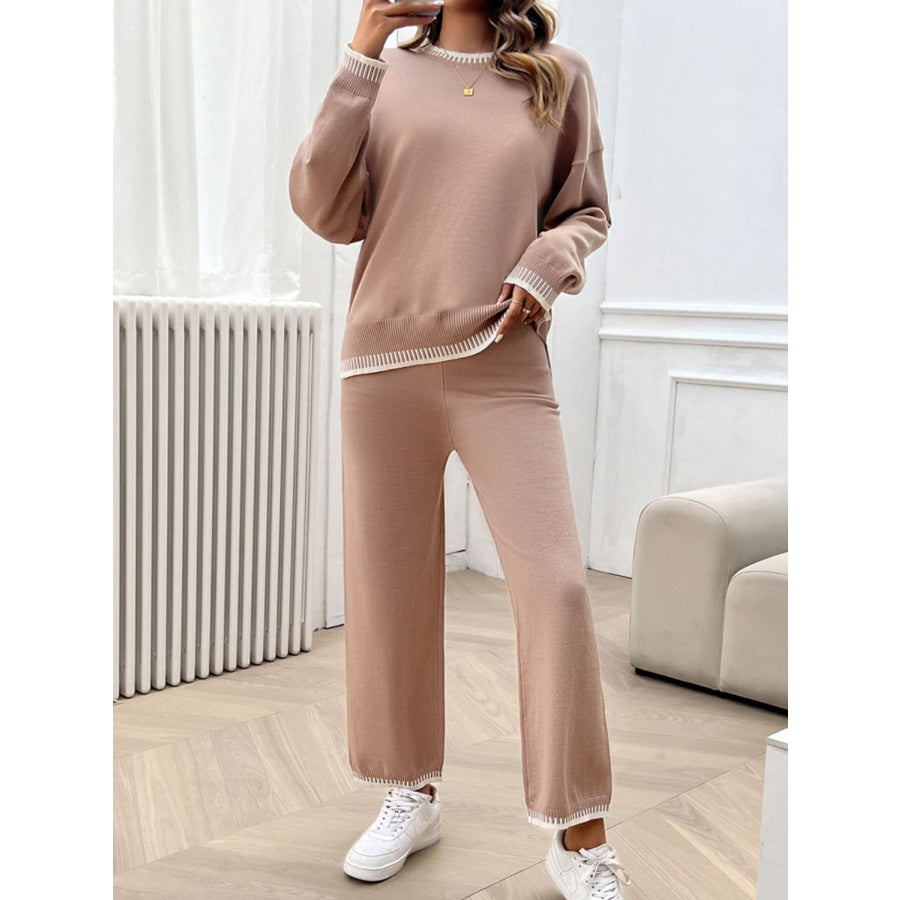 Round Neck Dropped Shoulder Top and Pants Sweater Set Pale Blush / S Apparel and Accessories