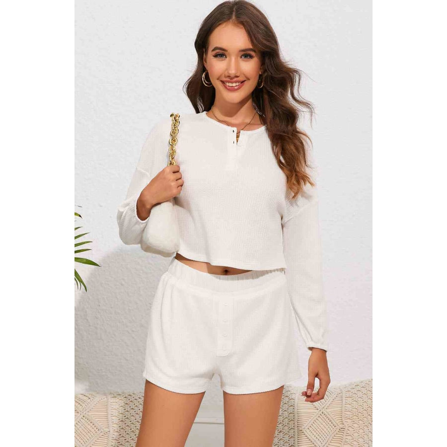 Round Neck Dropped Shoulder Top and Shorts Lounge Set White / S Clothing