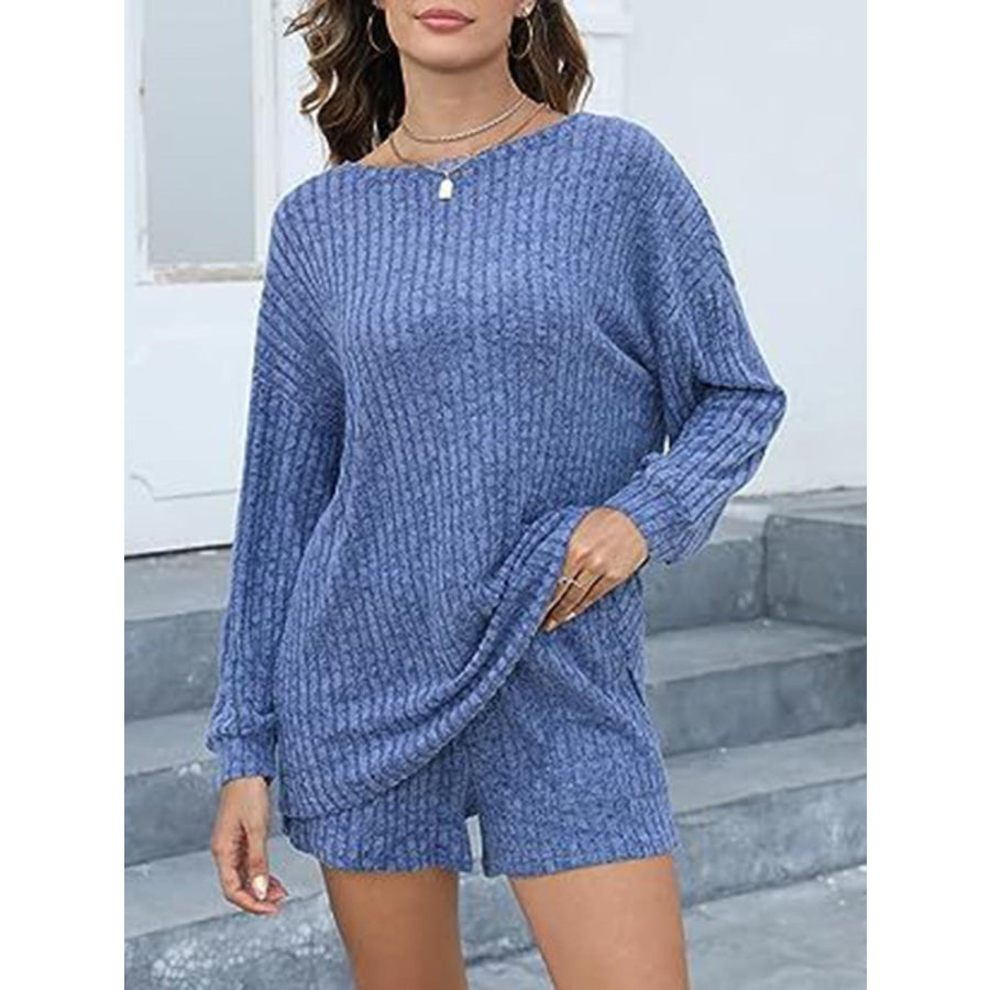 Round Neck Dropped Shoulder Top and Shorts Set Apparel and Accessories