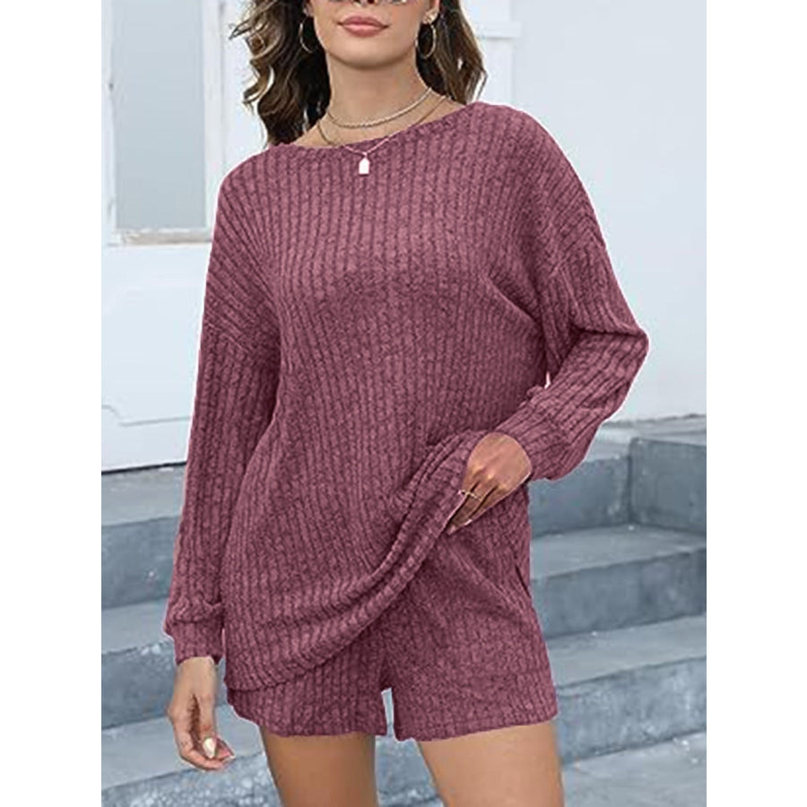 Round Neck Dropped Shoulder Top and Shorts Set Apparel and Accessories