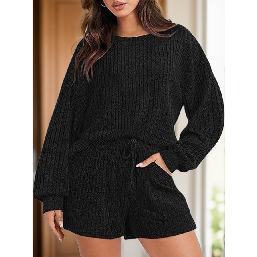 Round Neck Dropped Shoulder Top and Shorts Set Black / S Apparel and Accessories