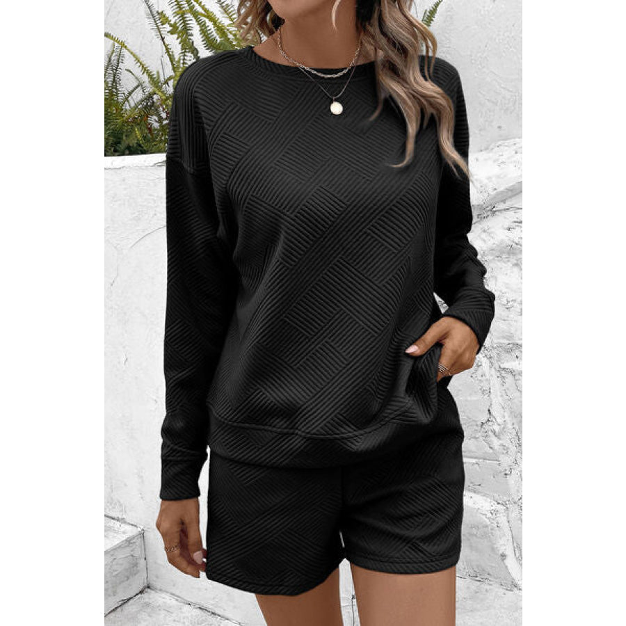 Round Neck Dropped Shoulder Top and Shorts Set Black / S Apparel Accessories