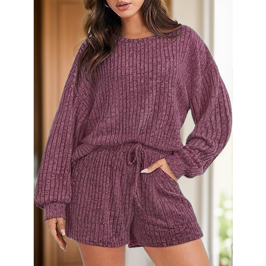 Round Neck Dropped Shoulder Top and Shorts Set Deep Purple / S Apparel and Accessories