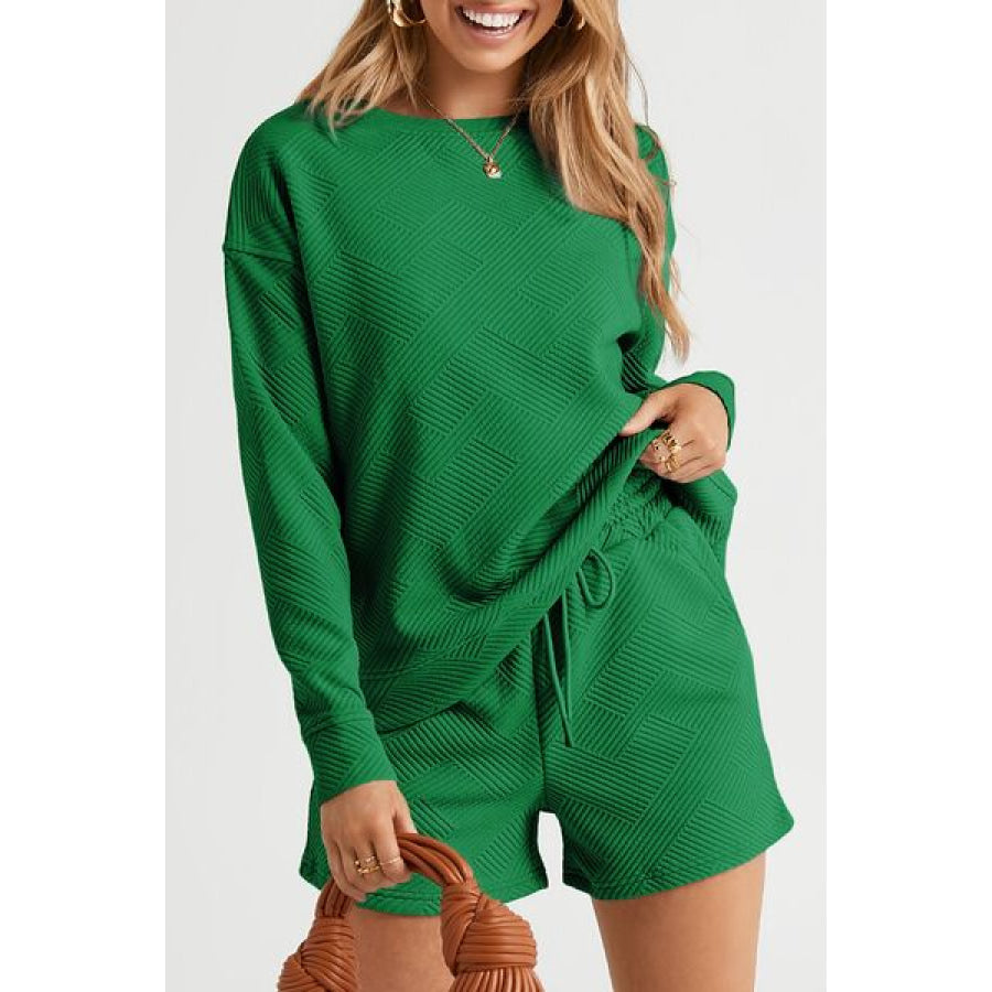 Round Neck Dropped Shoulder Top and Shorts Set Green / S Apparel Accessories