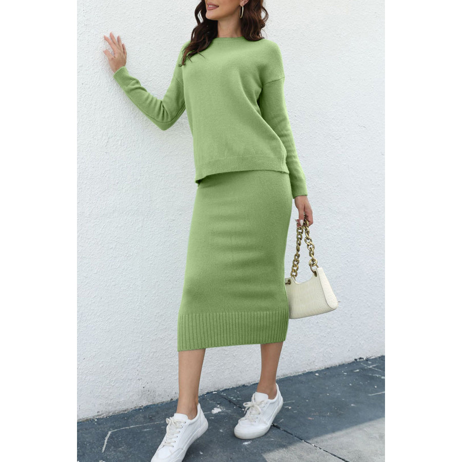 Round Neck Dropped Shoulder Top and Skirt Sweater Set Apparel and Accessories