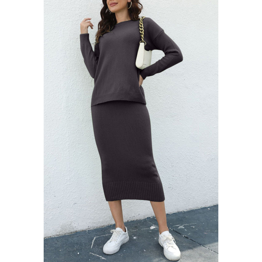 Round Neck Dropped Shoulder Top and Skirt Sweater Set Apparel and Accessories