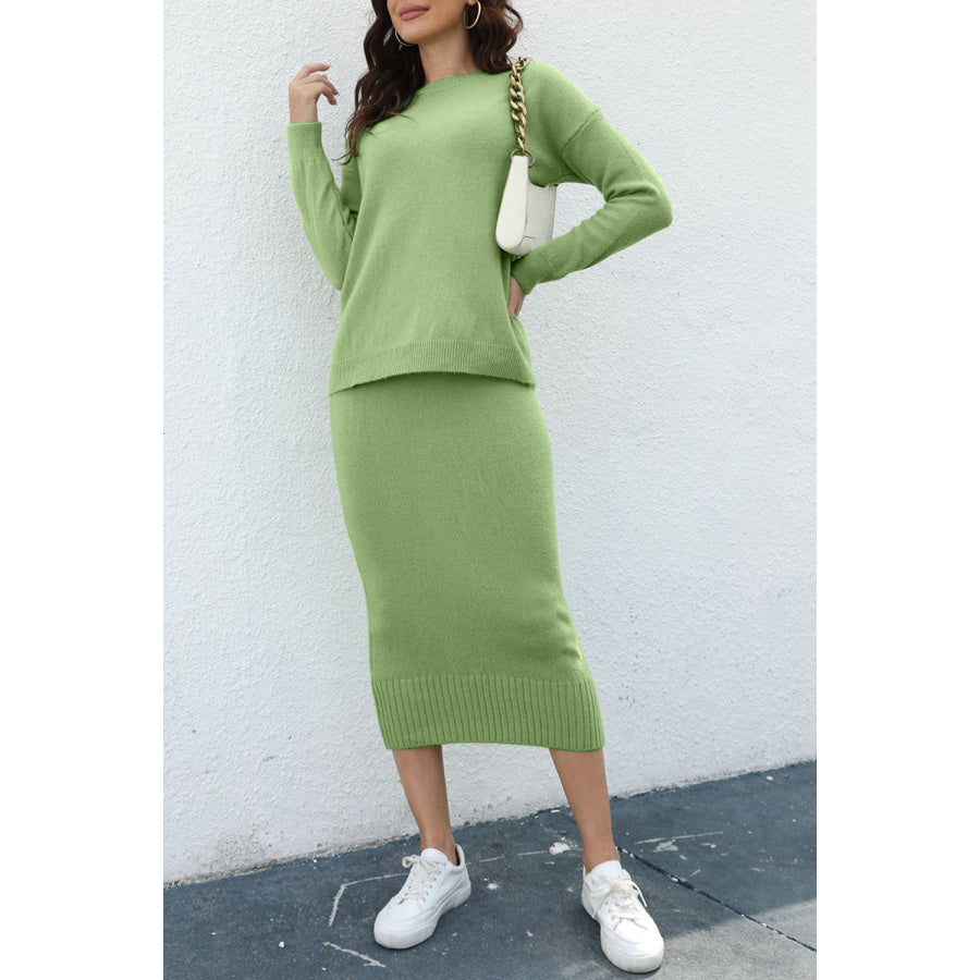 Round Neck Dropped Shoulder Top and Skirt Sweater Set Apparel and Accessories