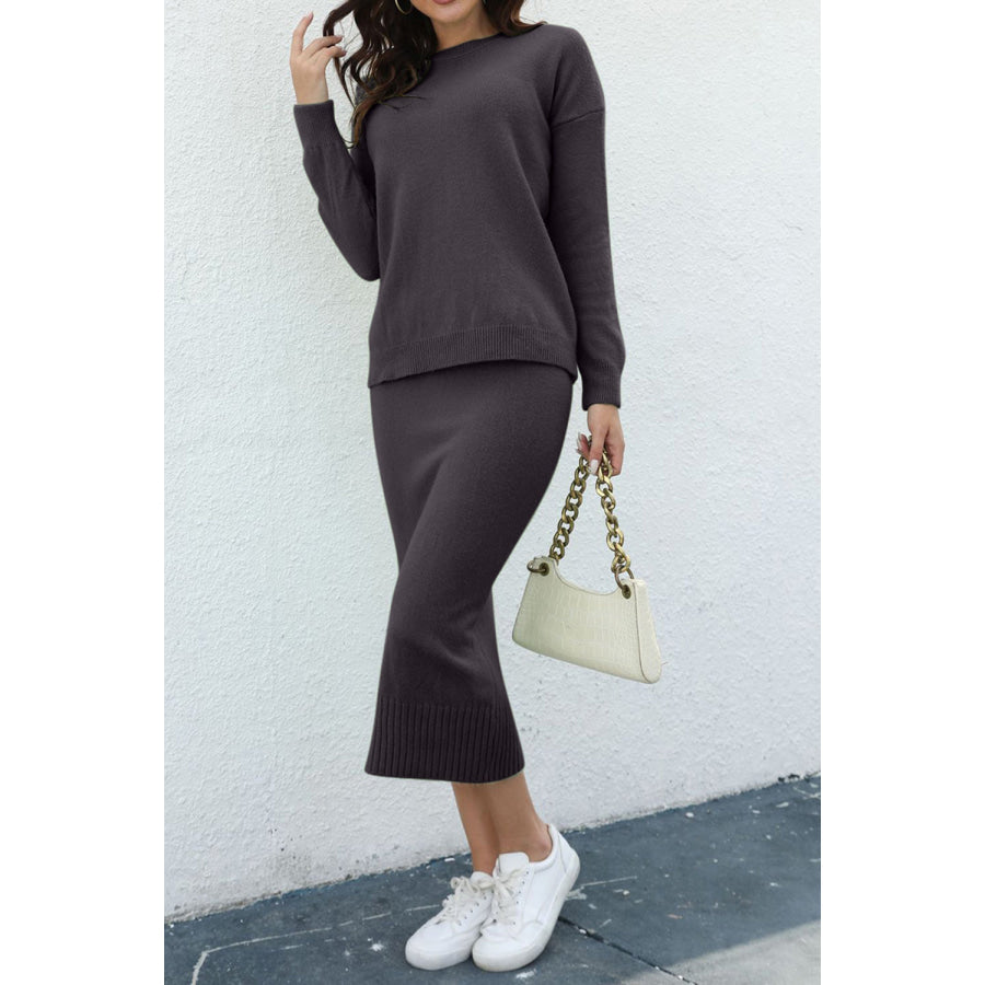 Round Neck Dropped Shoulder Top and Skirt Sweater Set Apparel and Accessories