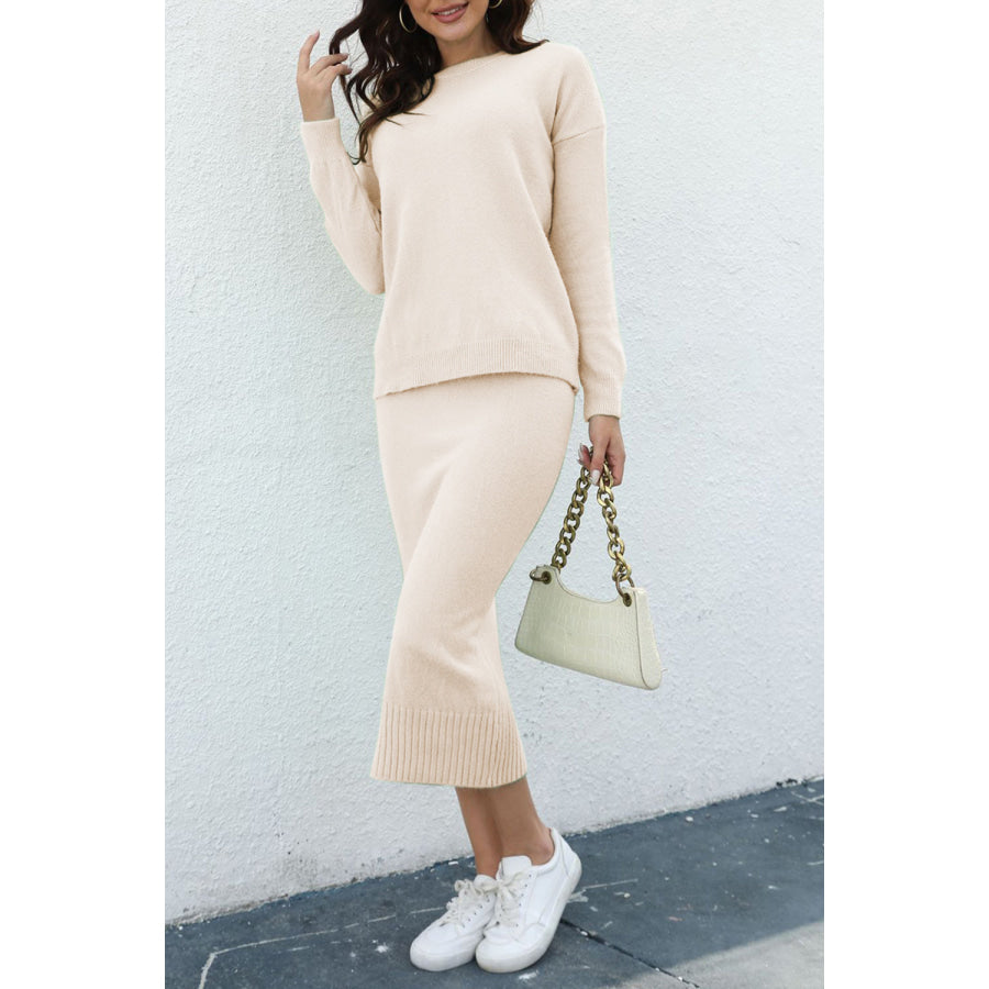 Round Neck Dropped Shoulder Top and Skirt Sweater Set Apparel and Accessories