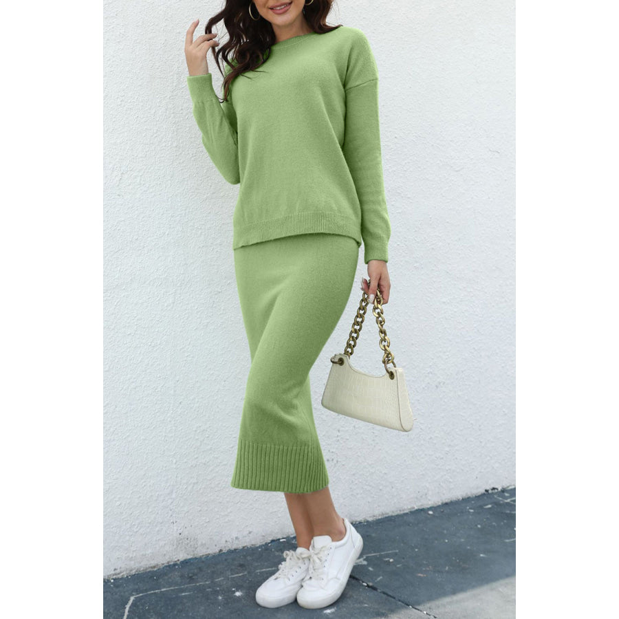 Round Neck Dropped Shoulder Top and Skirt Sweater Set Gum Leaf / One Size Apparel and Accessories