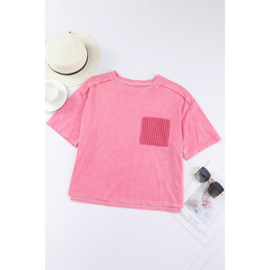 Round Neck Dropped Shoulder Top with Pocket Rouge Pink / S