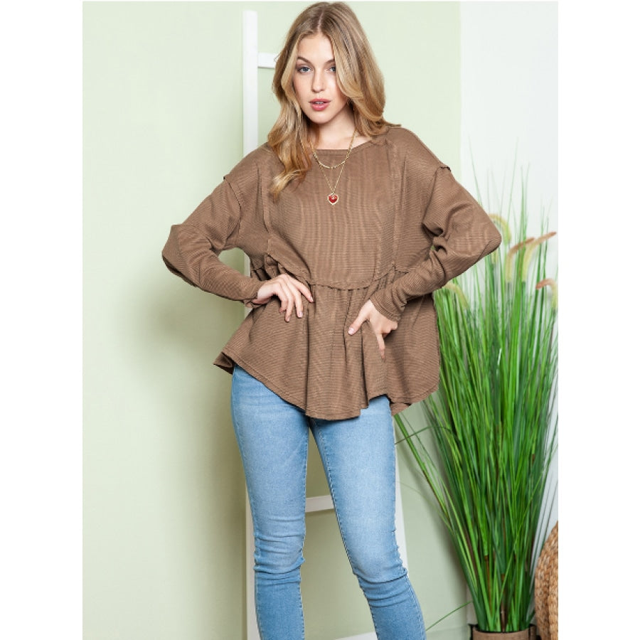 Round Neck Exposed Seam Babydoll Top Taupe / S