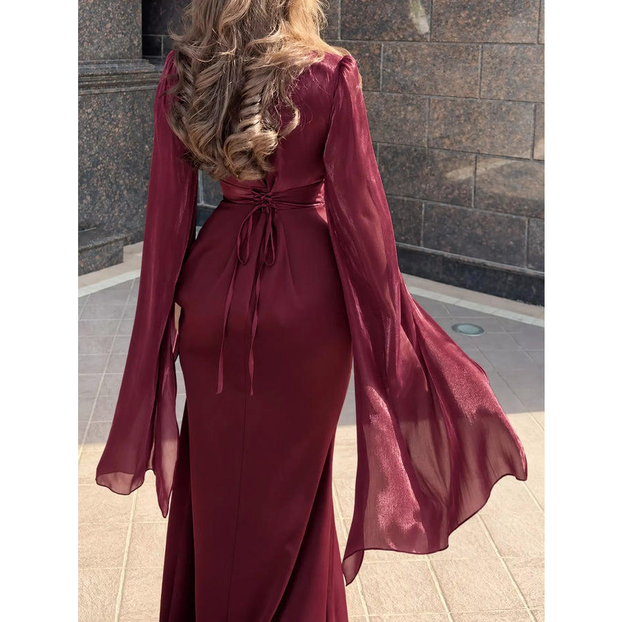 Round Neck Flare Sleeve Maxi Dress Apparel and Accessories
