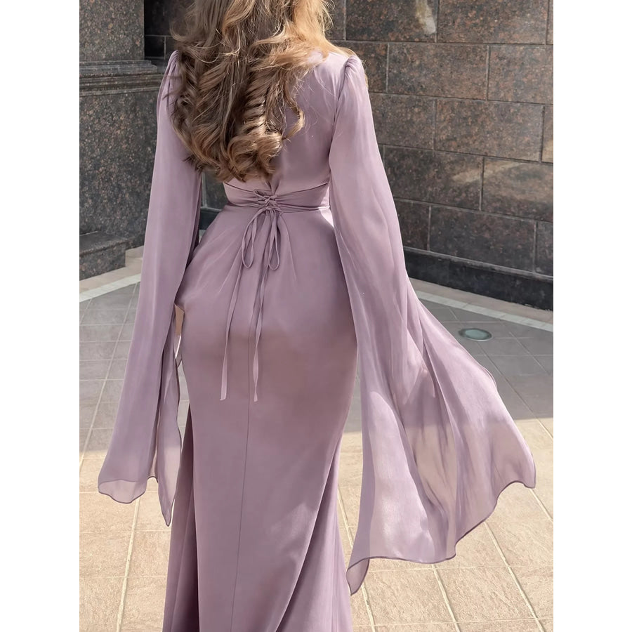 Round Neck Flare Sleeve Maxi Dress Apparel and Accessories