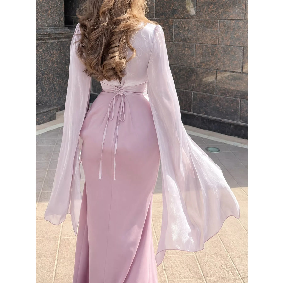 Round Neck Flare Sleeve Maxi Dress Apparel and Accessories