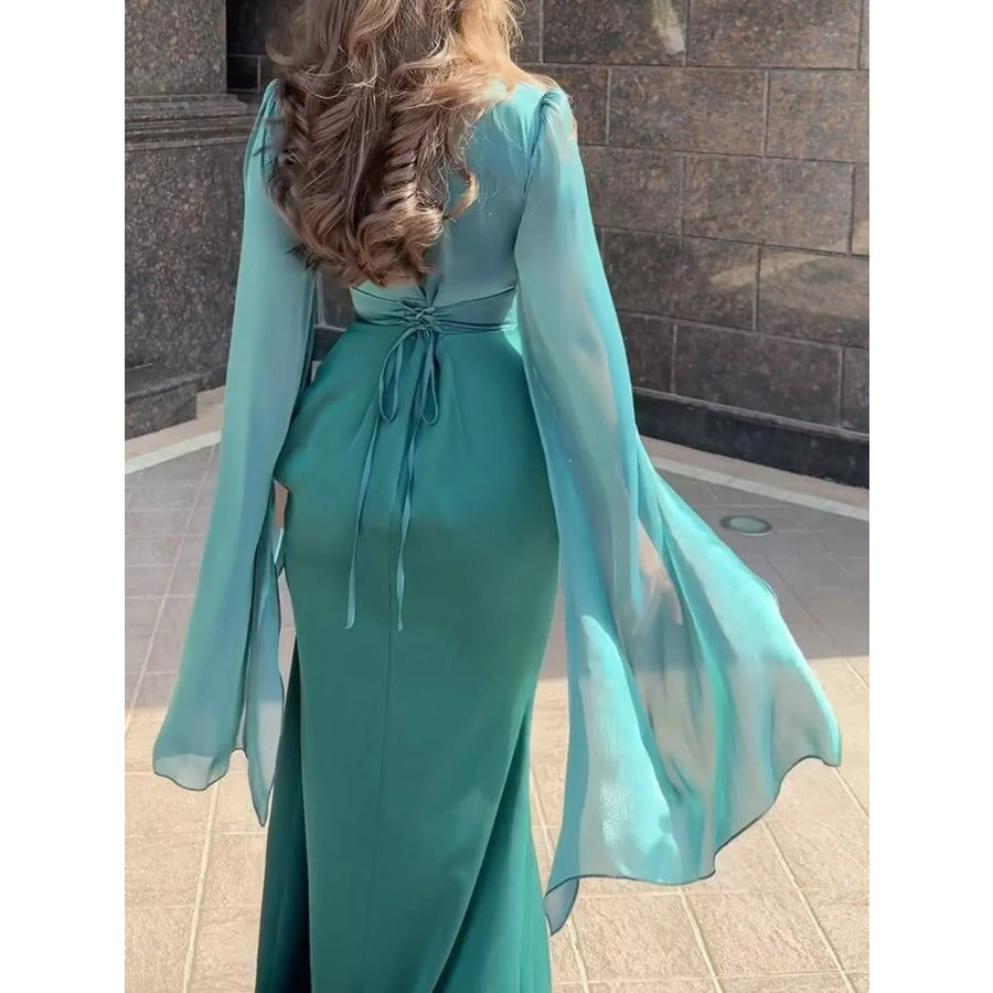 Round Neck Flare Sleeve Maxi Dress Apparel and Accessories