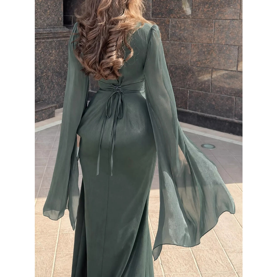 Round Neck Flare Sleeve Maxi Dress Apparel and Accessories