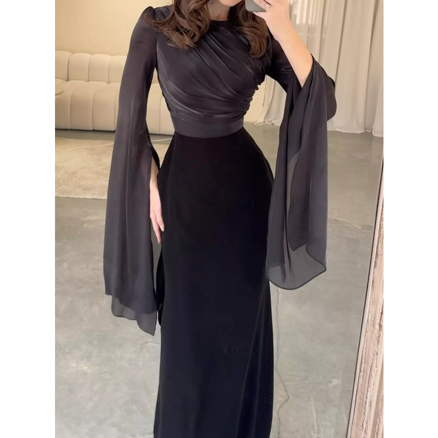 Round Neck Flare Sleeve Maxi Dress Black / S Apparel and Accessories