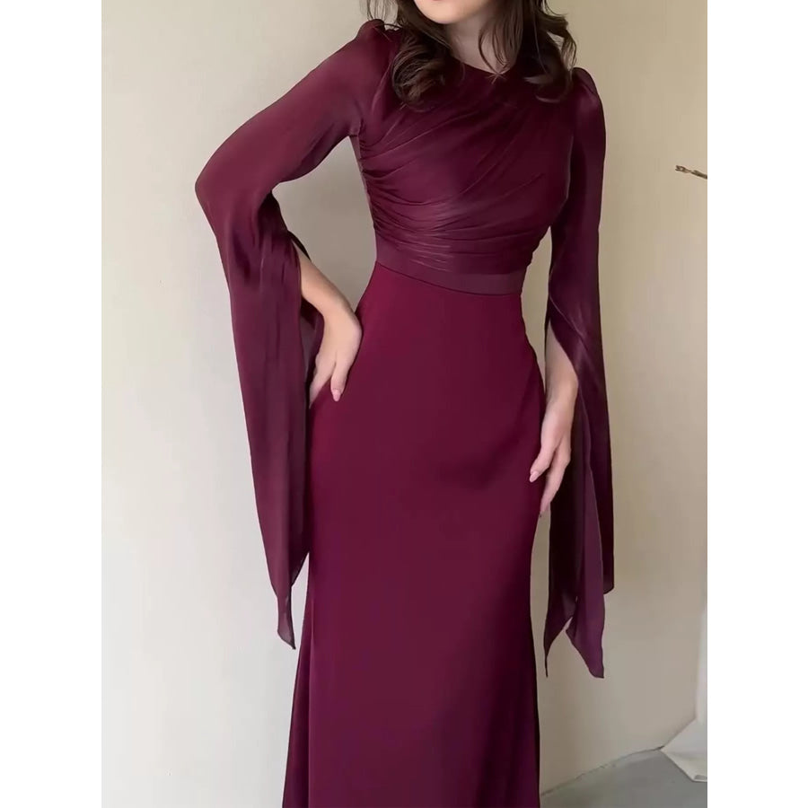 Round Neck Flare Sleeve Maxi Dress Burgundy / S Apparel and Accessories