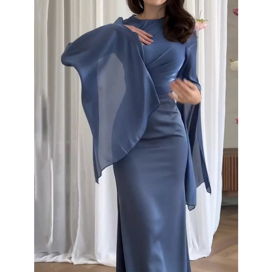 Round Neck Flare Sleeve Maxi Dress Dark Blue / S Apparel and Accessories