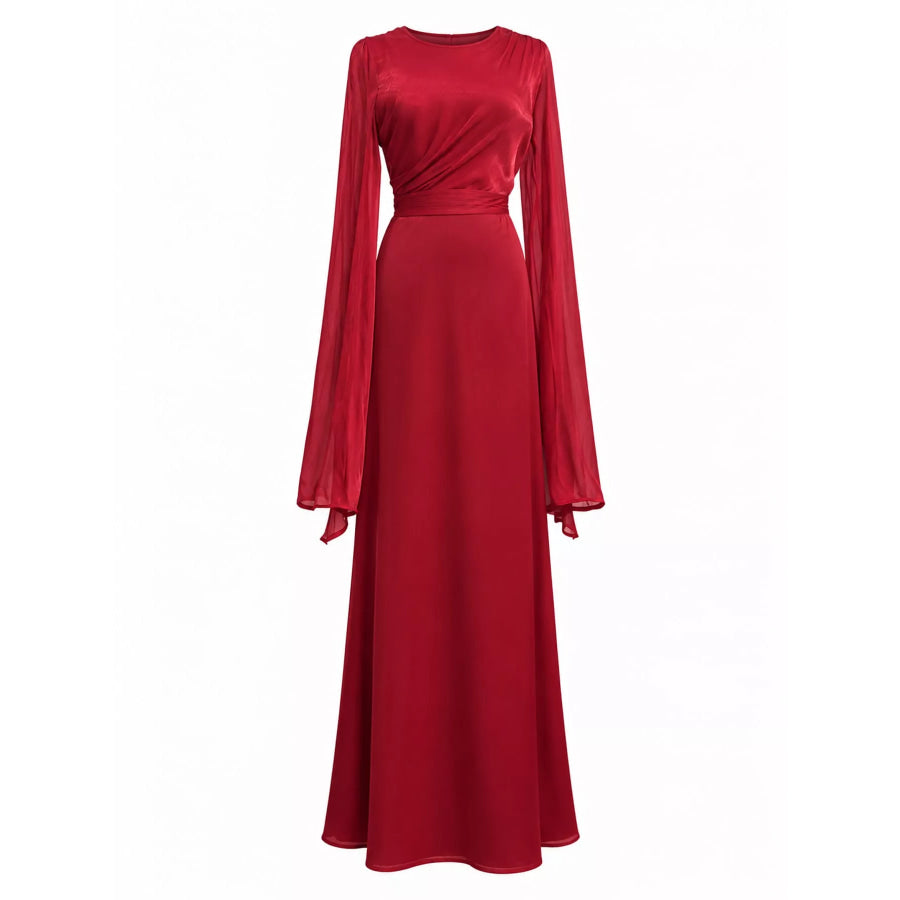 Round Neck Flare Sleeve Maxi Dress Dark Red / S Apparel and Accessories