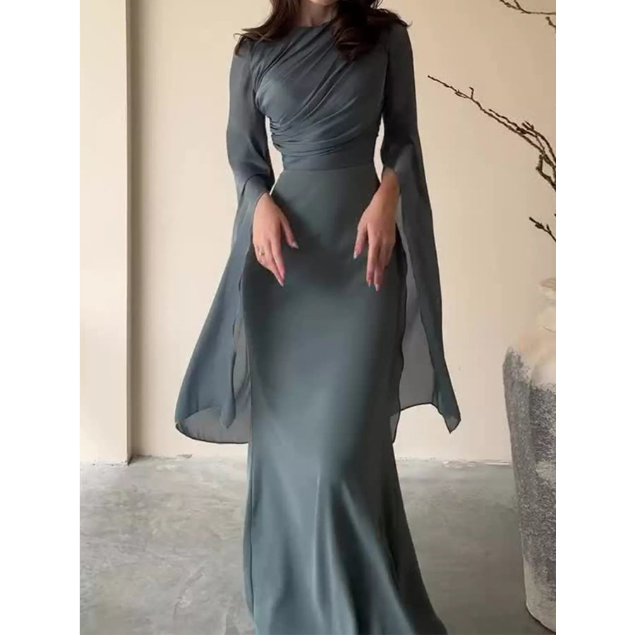 Round Neck Flare Sleeve Maxi Dress Olive Green / S Apparel and Accessories