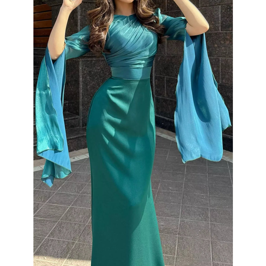 Round Neck Flare Sleeve Maxi Dress Peacock Green / S Apparel and Accessories