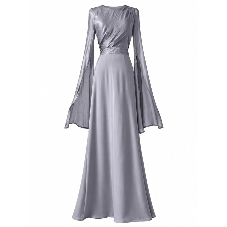 Round Neck Flare Sleeve Maxi Dress Space Gray / S Apparel and Accessories