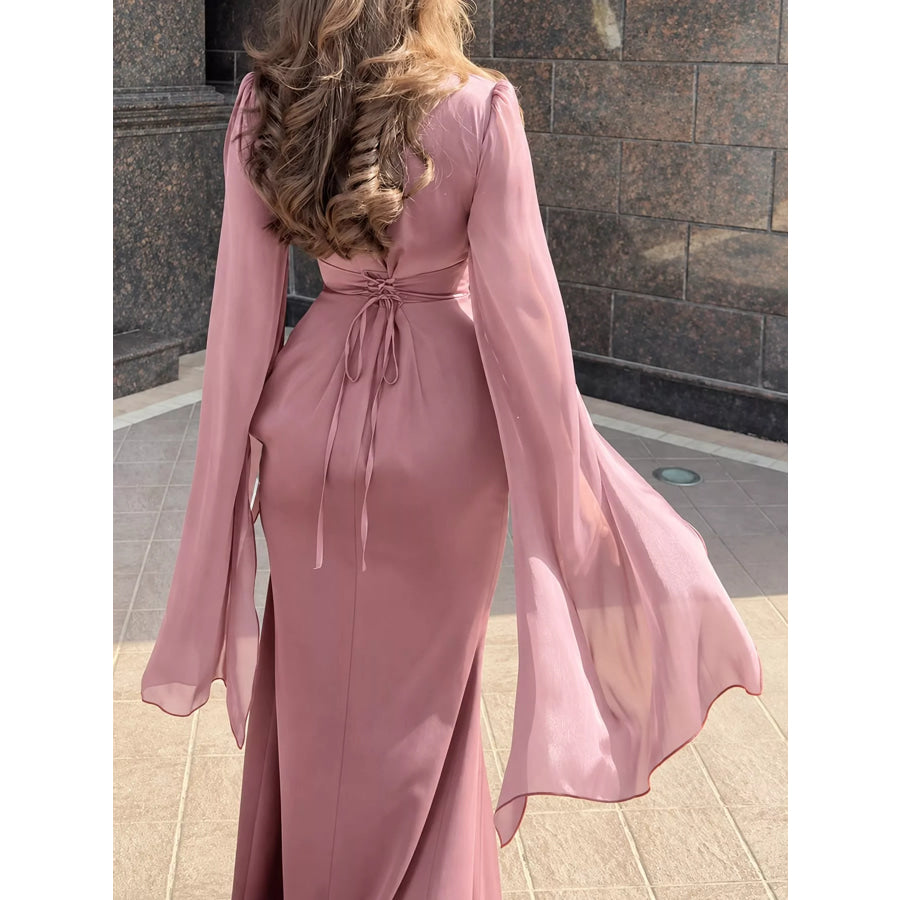 Round Neck Flare Sleeve Maxi Dress Watermelon Red / S Apparel and Accessories