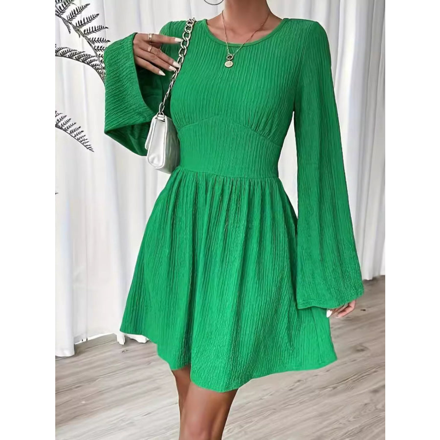 Round Neck Flare Sleeve Mini Dress Green / S Apparel and Accessories