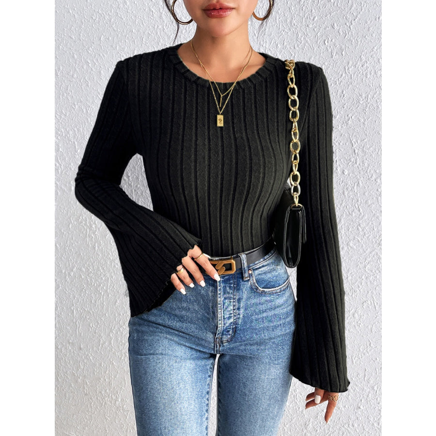 Round Neck Flare Sleeve T-Shirt Black / S Apparel and Accessories