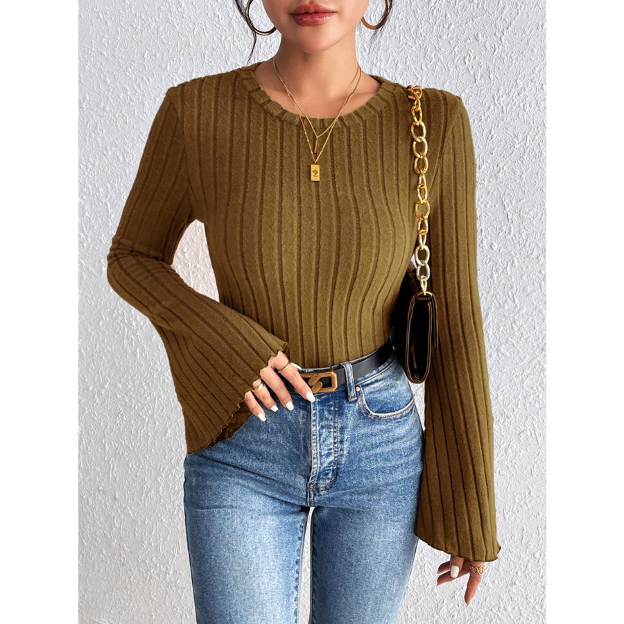 Round Neck Flare Sleeve T-Shirt Olive Brown / S Apparel and Accessories