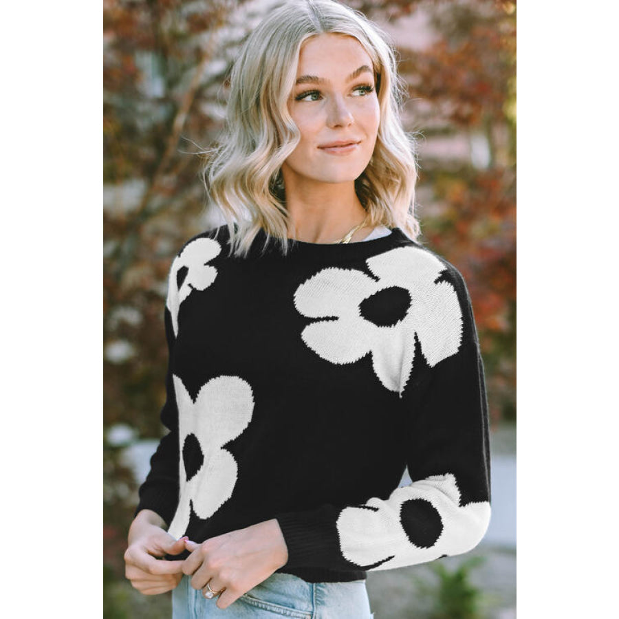 Round Neck Floral Pattern Color Contrast Design Long Sleeve Sweater Black / S