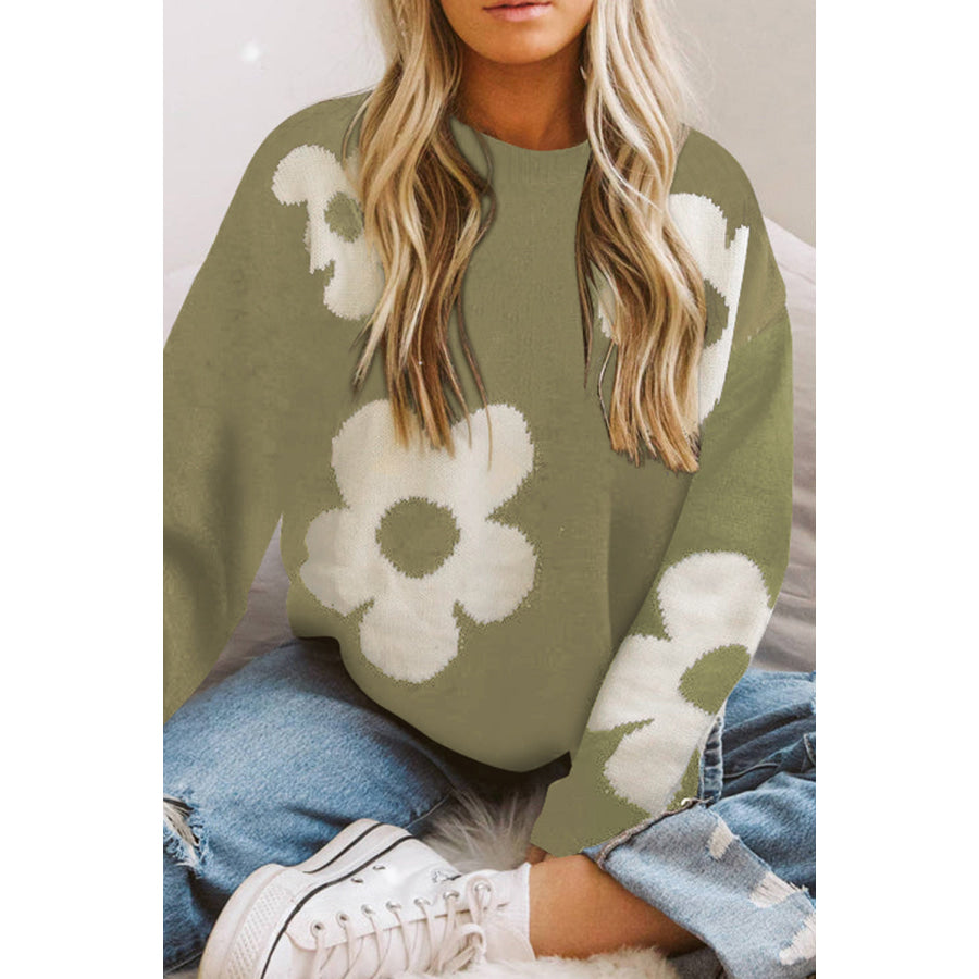 Round Neck Floral Pattern Color Contrast Design Long Sleeve Sweater Sage / L