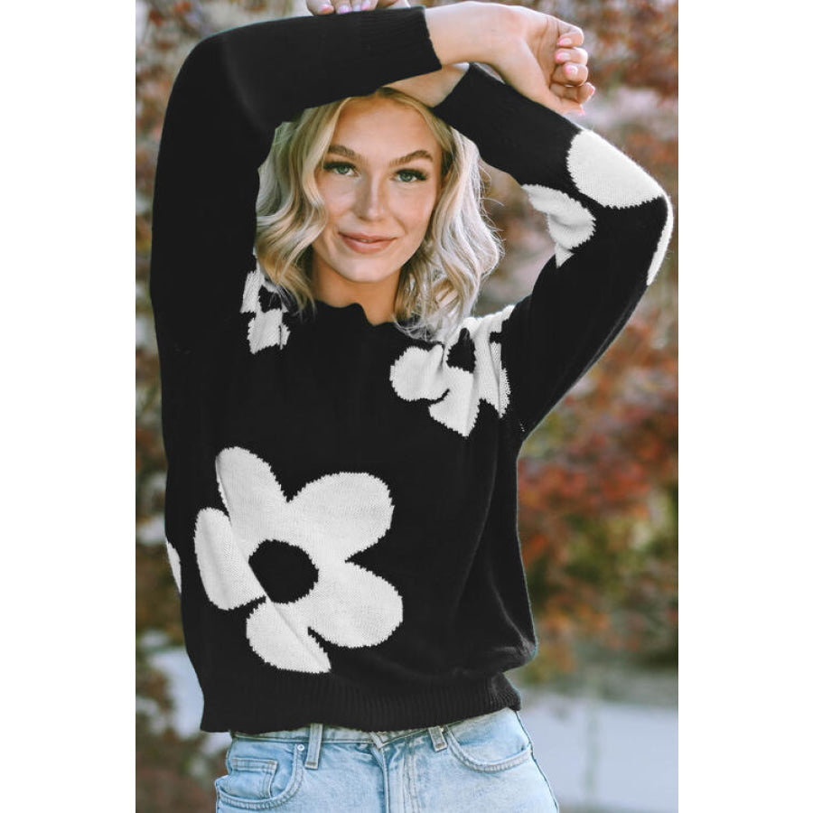 Round Neck Floral Pattern Color Contrast Design Long Sleeve Sweater