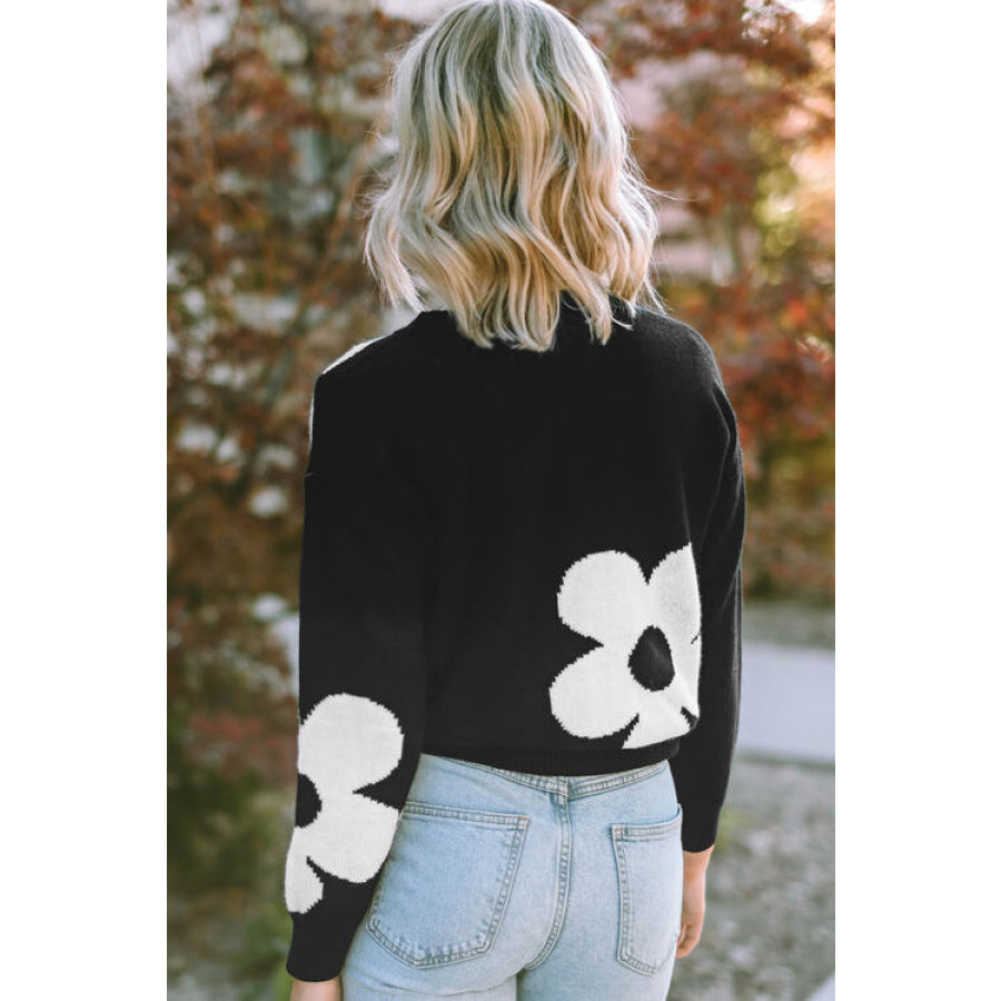Round Neck Floral Pattern Color Contrast Design Long Sleeve Sweater Black / S